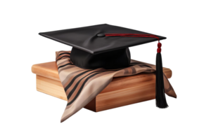 A black graduation cap sits on top of a wooden surface. The cap is adorned with a red ribbon and a black tassel. Concept of accomplishment and achievement png
