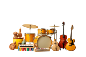 A collection of musical instruments including a drum, a guitar, and a keyboard. The instruments are arranged in a row, with the keyboard and guitar on the left side and the drum on the right png
