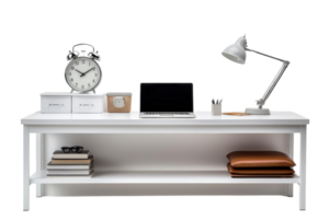 A white desk with a laptop, clock, and lamp. The desk is cluttered with books and other items png