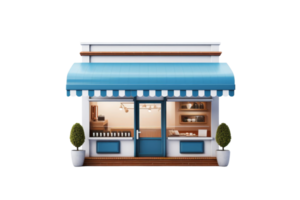 A blue and white store front with a blue awning. The store is open and has a window display png