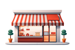 Illustration of a small shop with a striped awning, large window display, and potted plants on either side of the entrance. png