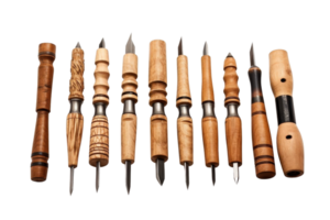 A collection of wooden tools with various shapes and sizes. The tools are arranged in a row, with some being longer and others shorter. Scene is one of craftsmanship and creativity png