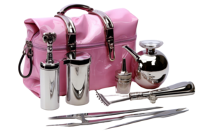 A pink purse with a silver handle and a silver ball inside. The purse contains a variety of items, including a bottle, a cup, a spoon, a fork, a knife, and a pair of scissors png