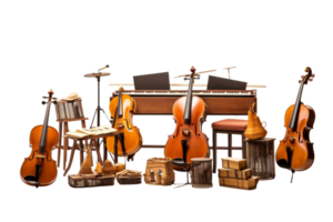 A collection of classical instruments including violins, cello, piano, and various wooden objects, ideal for classical music and orchestral themes. png