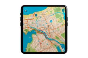 A map of a city is displayed on a phone. The map shows a river running through the city and several parks png