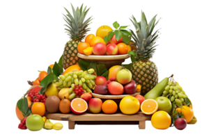 A fruit display with a variety of fruits including apples, oranges, and bananas. The display is arranged on a wooden tray and is very colorful png