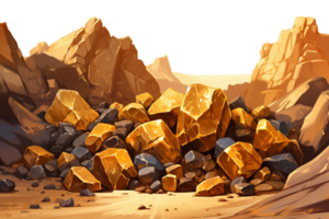 A mountain range with a large pile of rocks in the foreground. The rocks are mostly brown and black, with some gold pieces mixed in. The scene has a rugged, wild, and untamed feel to it png