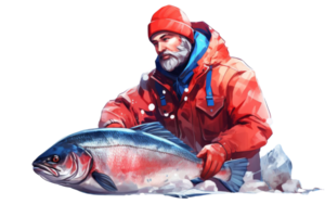 A man in a red jacket holding a large fish. The man is likely a fisherman who has just caught the fish png