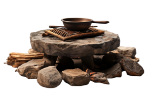 A stone slab with a pot and a pan on top of it. The stone slab is covered in rocks and logs png