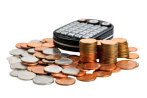 A calculator sits on top of a pile of coins. The coins are of various sizes and colors, including silver, gold, and bronze. Concept of wealth and abundance png