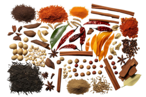 A colorful assortment of various spices and herbs laid out in an organized and artistic arrangement against a transparent background. png