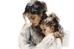A woman is holding a small child. The woman is wearing a white robe. The child is wrapped in a blanket png