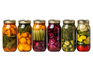 A row of six glass jars filled with various pickled vegetables. The jars are lined up next to each other, with some containing pickled carrots, others pickled cucumbers, and a few pickled onions png