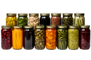 A row of glass jars filled with various pickles and vegetables. The jars are lined up in a row, with some being taller than others. The jars are of different sizes and colors png