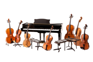 A group of string instruments, including a piano, sit in a row. The instruments are of various sizes and shapes, and they are arranged in a way that creates a sense of harmony and unity png