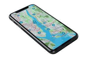 A phone displaying a map of a city with a blue river running through it. The phone is showing a variety of icons, including a stop sign and a park png
