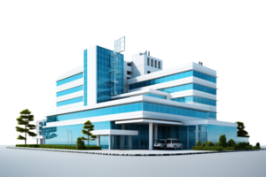 A large, modern hospital building with a parking lot in front. The building is made of glass and has a sleek, modern design. The parking lot has a few cars parked in it, including a van and a truck png