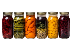 A row of glass jars filled with various vegetables and beans. The jars are lined up next to each other, creating a sense of order and organization. The variety of colors png