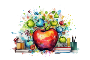 A colorful apple is surrounded by a variety of fruits and books. Concept of creativity and learning, as the fruits and books represent the importance of a healthy diet and education png