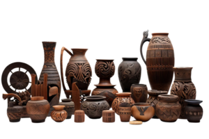 A collection of vases and bowls of various shapes and sizes. The vases are made of clay and have intricate designs on them png