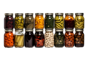 A row of jars filled with various pickles and vegetables. The jars are lined up in a row, with some of them being taller than others. The jars are of different sizes and shapes png