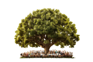 A large tree with a group of people sitting underneath it. The tree is the main focus of the image, and the people are arranged around it in a circle. Concept of community and togetherness png