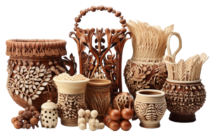 A collection of wooden vases and bowls with intricate designs and patterns. The vases and bowls are arranged in a row, with some placed closer to the front and others further back png
