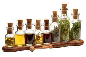 A wooden tray with many glass bottles of different colors and sizes. The bottles are filled with various herbs and spices png