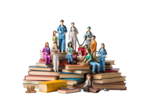 A group of people are sitting on top of a pile of books. The people are of different professions, including a doctor, a nurse, and a teacher. Concept of knowledge and learning png