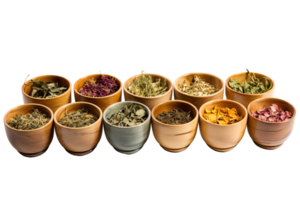 A row of wooden bowls filled with various herbs and spices. The bowls are arranged in a line, with some placed closer together and others further apart. The variety of herbs png