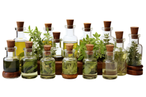 A row of glass bottles with herbs and plants inside. The bottles are arranged in a line, with some taller than others. The herbs and plants inside the bottles are green and fresh png