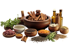 A variety of spices and herbs are displayed in wooden bowls and jars. The spices include cinnamon, cumin, and parsley. The jars and bowls are arranged in a way that creates a visually appealing png