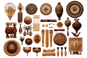A collection of wooden items with various shapes and sizes. The items are arranged in a way that they seem to be hanging from a wall. Scene is that of a display of unique and interesting objects png