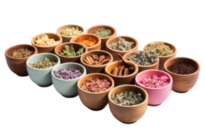 A collection of wooden bowls filled with various herbs and spices. The bowls are arranged in a row, with some containing more herbs than others. Scene is one of abundance and variety png