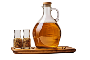 A glass jar of alcohol sits on a wooden board with two small glasses of alcohol next to it png