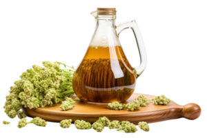 A glass jar of oil sits on a wooden cutting board with some herbs and flowers. Concept of abundance and natural beauty png