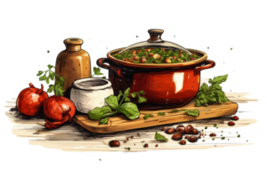 A red pot with a lid and a wooden board with vegetables and herbs on it. The vegetables include tomatoes, onions, and basil png