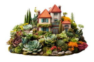 A house is surrounded by a garden of plants, including cacti and succulents. The garden is full of life and color, creating a peaceful and serene atmosphere png