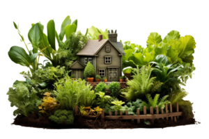 A house is surrounded by a lush green garden. The house is small and has a wooden fence around it. The garden is full of various plants and flowers, creating a peaceful and serene atmosphere png