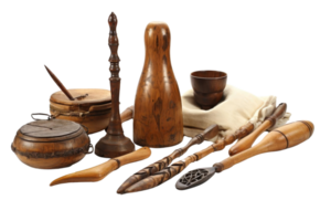 A collection of wooden items including spoons, bowls, and a vase. Scene is rustic and nostalgic png