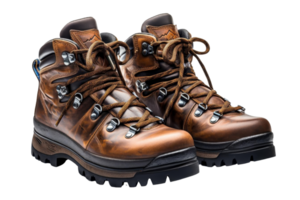 Two brown hiking boots with laces. The boots are made of leather and have a rugged appearance png