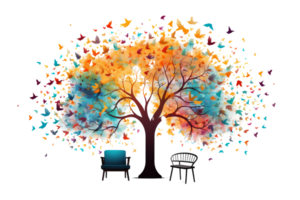 A tree with colorful leaves and a lot of birds flying around it. There are two chairs in front of the tree png