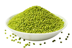 A white bowl filled with green beans. The beans are scattered all over the bowl, with some beans on the edge and others in the middle png