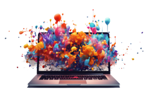 A colorful, abstract painting is displayed on a laptop screen. The painting is full of bright colors and has a sense of movement and energy. The laptop is open to the painting png