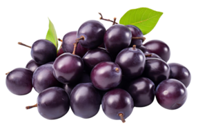 A bunch of purple grapes with green leaves on top. The grapes are small and round, and they are piled on top of each other. The image has a fresh and healthy vibe png
