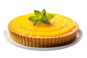 A yellow cake with a green leaf on top. The cake is sitting on a white plate. The cake is delicious and looks very appetizing png