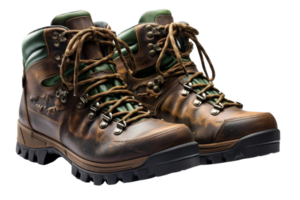 Two brown and green hiking boots with laces. The boots are made of leather and have a sturdy sole png