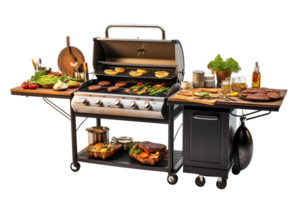 A grill with a variety of food on it, including hamburgers and vegetables. The grill is surrounded by a table with plates and utensils png