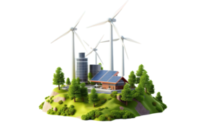 A wind farm with a house and a few trees. The wind farm is surrounded by a green hill png