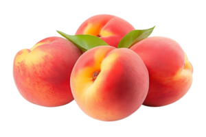Four ripe peaches with green leaves on top. The peaches are red and yellow. They are arranged in a pyramid shape png